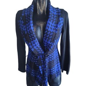 Vex Collection Black and Blue Checkered Belted Cardigan M